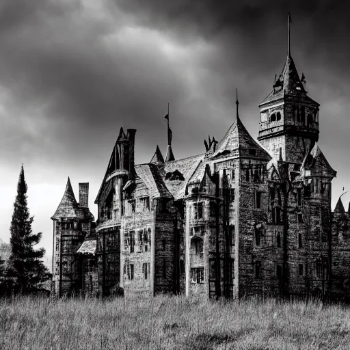 Prompt: Eerie Gothic castle on a hill above above a foreboding boggy landscape