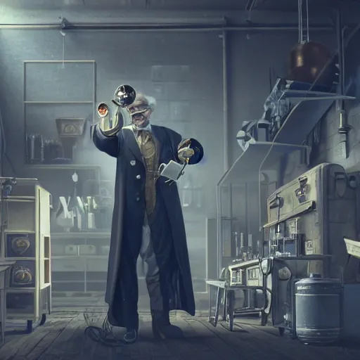 Prompt: muted colors, steampunk, 3 d octane render, unreal engine, realistic, and old professor standing in his laboratory inspecting gadgets, detailed, cinematic lighting