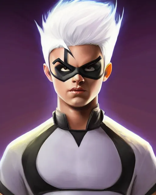 Prompt: Danny Phantom as an Apex Legends character digital illustration portrait design by, Mark Brooks and Brad Kunkle detailed, gorgeous lighting, wide angle action dynamic portrait