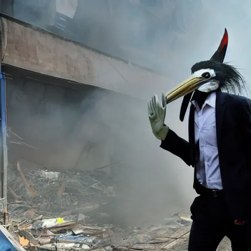 Prompt: photo of a man in a suit wearing a latex mask of a shoebill stork, at a favela, walking away from explosion, dramatic lighting