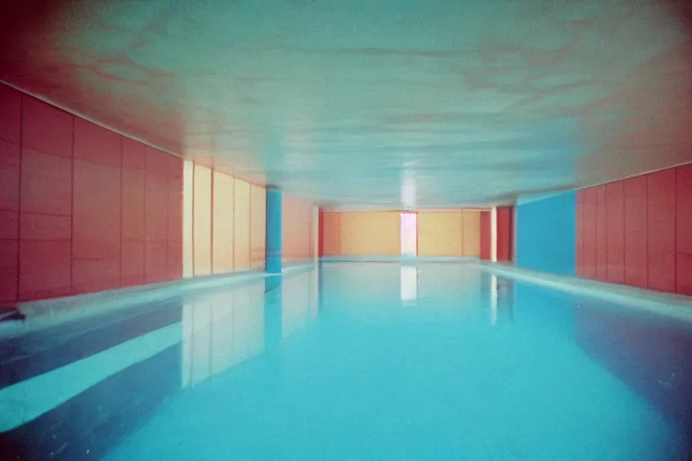 Image similar to 1 9 7 0 s found footage of an underwater space made up of a non - euclidean swimming pool hallways with many entries and exits, neon color bleed, ektachrome photograph, volumetric lighting, f 8 aperture, cinematic eastman 5 3 8 4 film