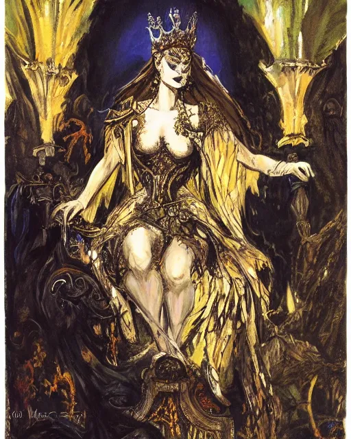 Image similar to an illustration of a dark queen on a throne at night by marc davis and by gustave moreau, realistic, gouache, painting