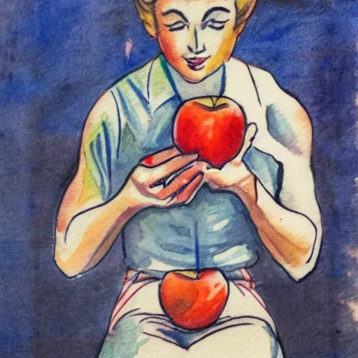 Image similar to a old tattoo of a sailor from the 1 9 4 0 s eating a honeycrisp apple, blues and whites, sketching, watercolor, color restoration, high quality