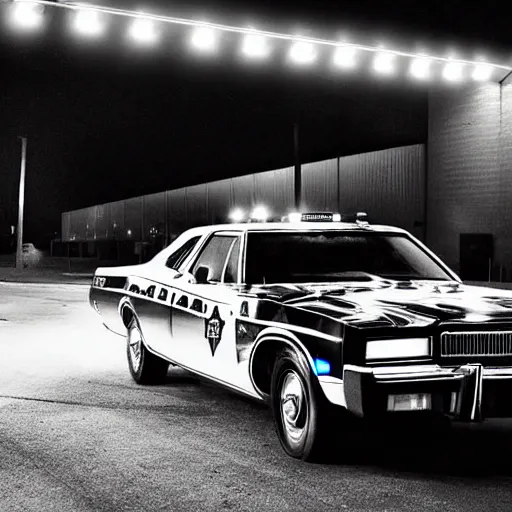 Prompt: candid nighttime photo of a county sheriff livery police car dodge charger 1976 parked in an empty parking lot at night dark midnight