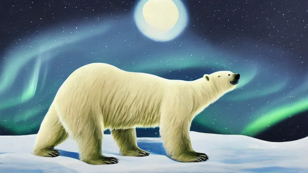 Image similar to an oil painting of a close - up polar bear traversing a snowy landscape at night, the northern lights and the moon are visible