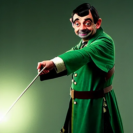 Image similar to mr. bean as robin hood. movie still. cinematic lighting.