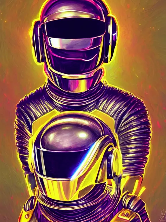 Prompt: a symmetrical portrait of daft punk helmet synthwave retro future robot mohawk warrior, psychedelic experience, colorful, surreal, dramatic lighting, cosmonaut, LSD, face, detailed, intricate, elegant, highly detailed, digital painting, artstation, concept art, smooth, sharp focus, illustration