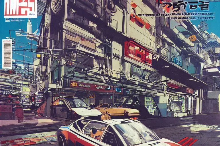 Prompt: 1969 Popular Science Magazine Cover BMW M1 Stratos, city in anime cyberpunk style by Hayao Miyazaki