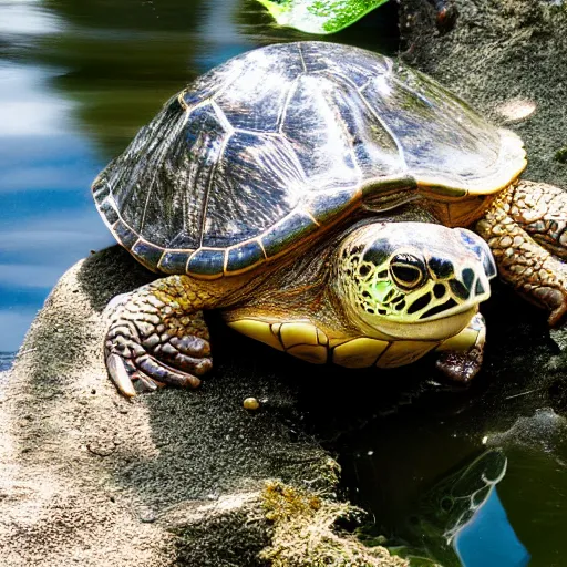 Prompt: cute photo of Pope Francis blessing pond turtle, HD photography, Canon eos r3, 8k resolution, red ear slider