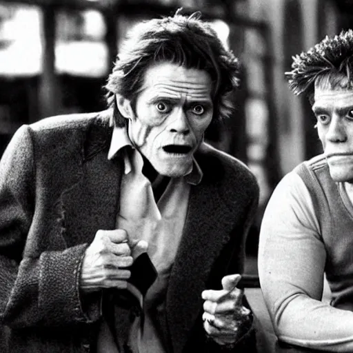 Image similar to willem dafoe and a huge toad sitting in a bar, realistic, from a movie directed by martin scorsese