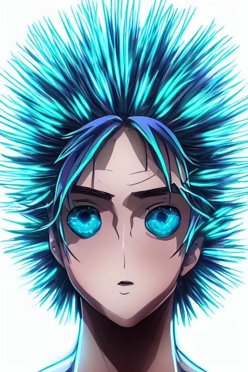 Image similar to cyan glowing luminescent dandelion male anime character, symmetrical, highly detailed, digital art, sharp focus, trending on art station, purple eyes, beautiful colours