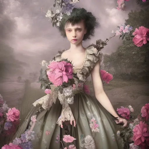 Image similar to 8k, octane render, realism, tonalism, rococo, renaissance, baroque, group of creepy young ladies wearing long harajuku manga dress with flowers and skulls, background chaotic flowers