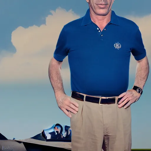 Image similar to aesthetic illustration of jeffrey epstein, wearing a dark blue polo shirt, standing near fighter jet on an empty runway at dusk, high detail, volumetric lights, pinterest wallpaper