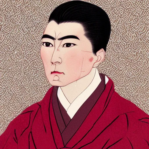 Prompt: character portrait illustration of Vel Artorius, Prime Minister of The Gilded Parliament, Headmaster of Auric University, and Archmage Superior of Ampharia. A slender young man with silver hair and sharp features. clean-shaven. Wearing red and gold robes. Portrait in the style of Yoshitaka Amano, high detail, concept art.