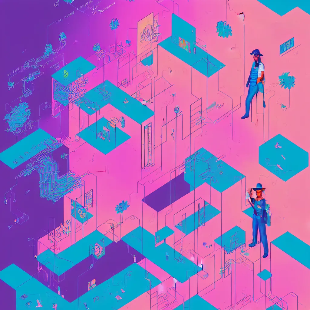 Prompt: illustration of a data-center architecture or schema, security agent with pink hat, datastream or river, painting by Jules Julien, Leslie David and Lisa Frank and Peter Mohrbacher and Alena Aenami and Dave LaChapelle muted colors with minimalism