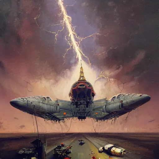 Image similar to a spanish italian spaceship, stuck in the ground, the spaceship is on fire, smoke, rainstorm, lightning, angry, kinetic, john sargent, peter deligdisch, adolphe bouguereaum, norman rockwell, trending on artstation, highly detailed oil painting,