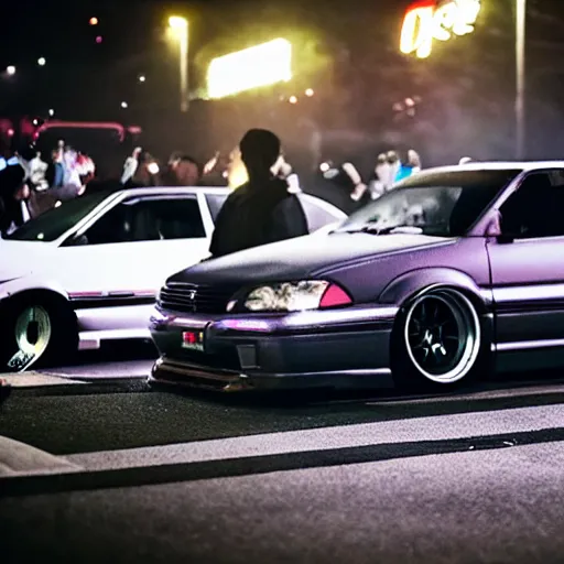 Image similar to a car JZX100 turbo drift at illegal car meet, Shibuya prefecture, midnight mist lights, cinematic color, photorealistic, highly detailed wheels, highly detailed