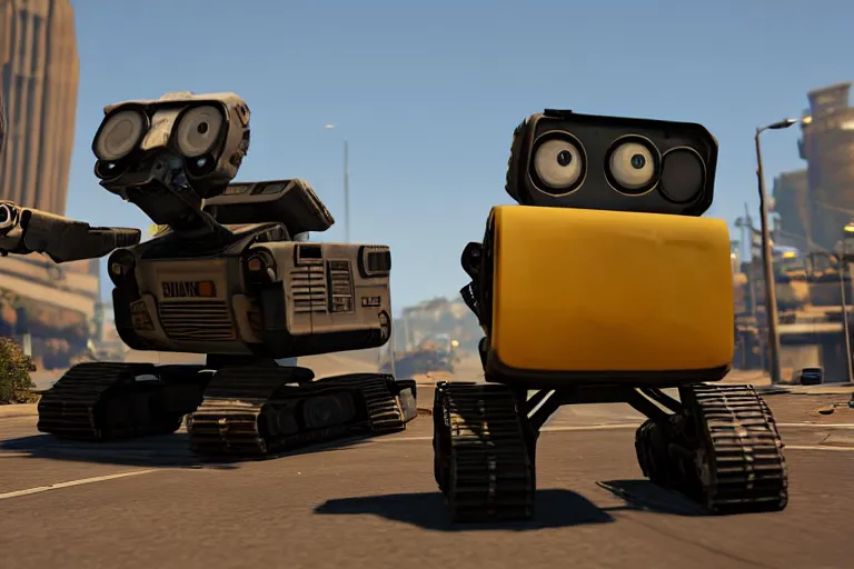 Image similar to wall - e in grand theft auto 5, heavy detailed, ultra high definition quality, gta 5 game engine graphics