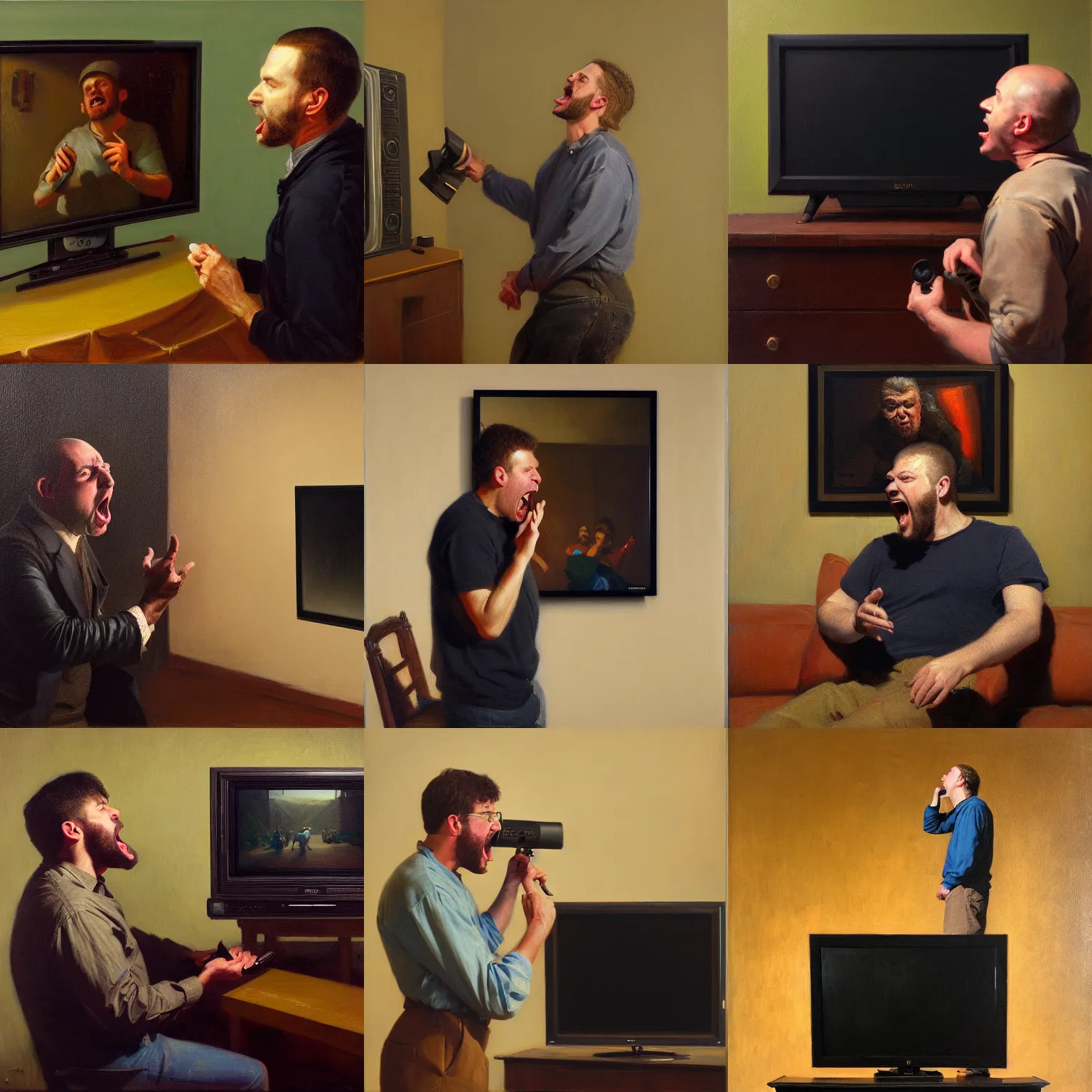 Prompt: portrait of jay bauerman yelling at a tv, oil on canvas by william sidney mount, trending on artstation