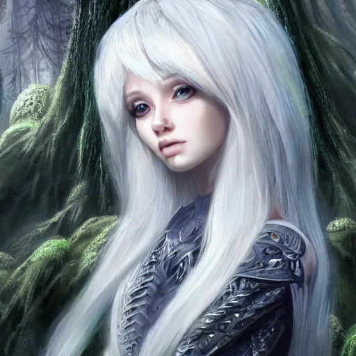 Prompt: a highly detailed portrait of a cute fantasy creature with white hair in a fantasy forest concept art