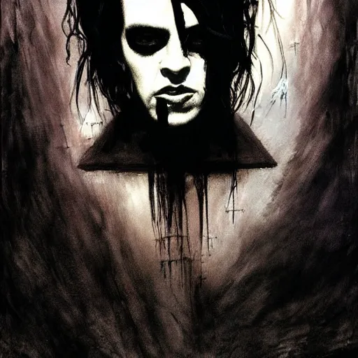 Image similar to gaunt ( the cure fan ) as dream from sandman, dim stars as eyes, portrait of nick cave, by jeremy mann, by cedric peyravernay, by ben templesmith, by dave mckean and richard avedon, dramatic lightning, sadness, dark eye sockets, in the shadows, punk rock, gothic, high detailed, 8 k