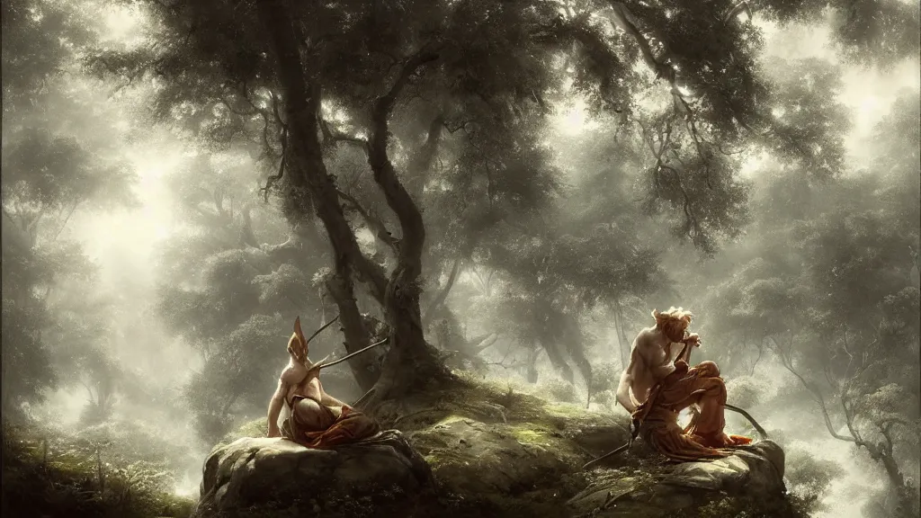 Image similar to sun wukong sitting alone in the melancholy forest. andreas achenbach, artgerm, mikko lagerstedt, zack snyder, tokujin yoshioka