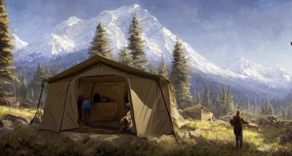 Image similar to cabela's beautiful comfortable self contained modular insulated wall container home kit - house all weather family dwelling tent house, person in foreground, mountainous forested wilderness open fields, beautiful views, painterly concept art, environmental concept art, concept art illustration, by james gurney, by craig mullins, by greg rutkowski trending on artstation