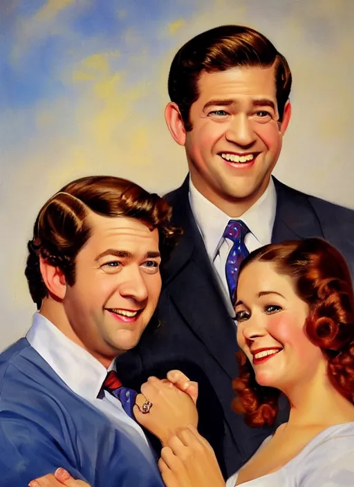 Image similar to portrait painting of jim halpert and pam beesly, happy couple, in the style of gil elvgren