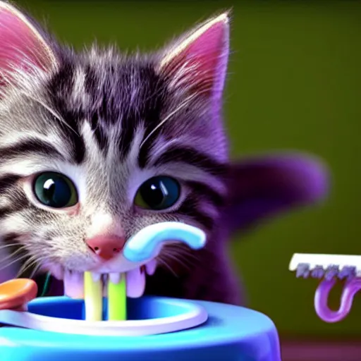 Prompt: a kitten character brushing teeth with a toothbrush and toothpaste, still from the movie pets, pixar render, dreamworks, movie poster disney