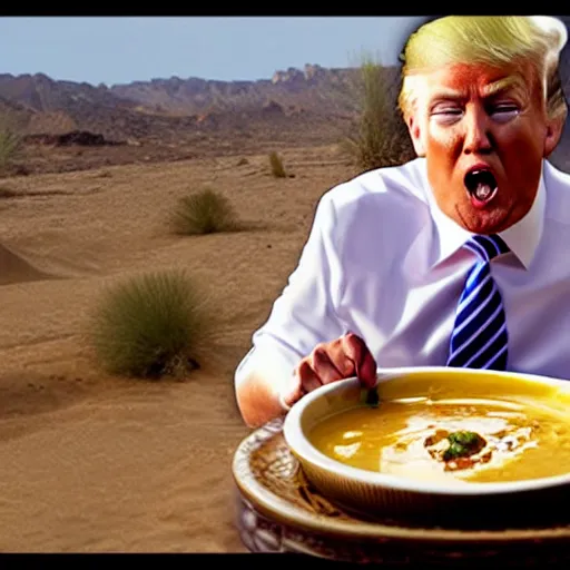 Image similar to photo of Donald Trump eating a bowl of soup in a hot desert, 8k, photorealistic,