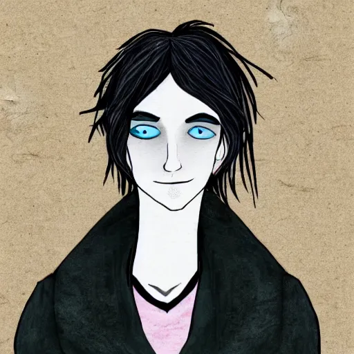 Image similar to young man portrait, black hair, skinny, sleep deprived, corpse bride art style