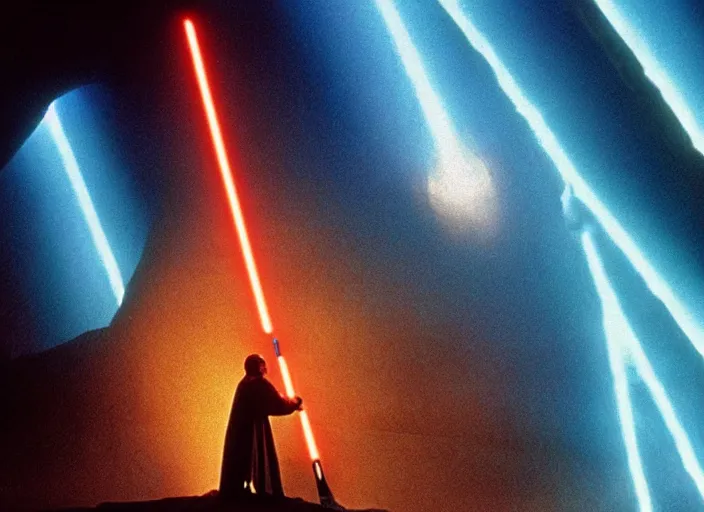 Image similar to screenshot of Luke skywalker kneeling before the larger than life glowing blue spirit of qui gon jinn at a hazy lit ancient Jedi cathedral, screenshot from the 1970s star wars thriller directed by stanley kubrick, Photographed with Leica Summilux-M 24 mm lens, ISO 100, f/8, Portra 400, kodak film, anamorphic lenses