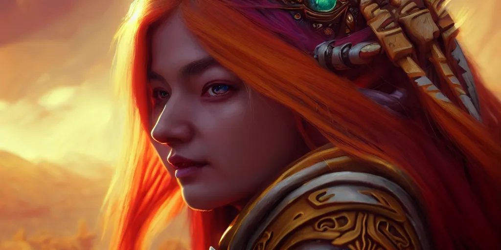 Image similar to ( ( ( ( ( hyperrealist distant portrait of sylvanas windrunner on a golden planet where it rains colors. ) ) ) ) ) by bayard wu, fantasy, photorealistic, octane render, unreal engine, dynamic lighting, trending on artstation, poster, volumetric lighting, very detailed faces, 4 k, award winning