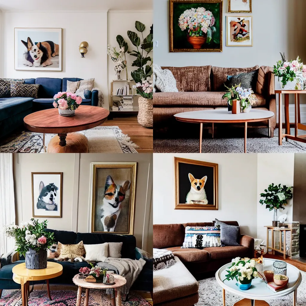 Prompt: A cozy living room with a painting of a corgi on the wall above a couch and a round coffee table in front of a couch and a vase of flowers on a coffee table.