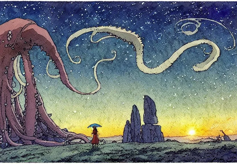 Image similar to a simple watercolor studio ghibli movie still fantasy concept art of a giant squid from princess mononoke ( 1 9 9 7 ) in stonehenge. it is a misty starry night. by rebecca guay, michael kaluta, charles vess