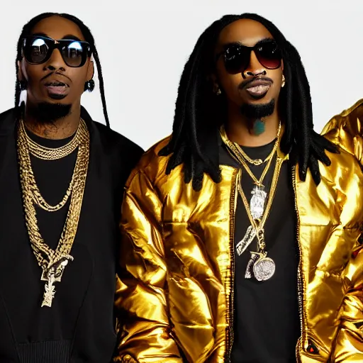 Image similar to funko pop of rap group migos members quavo, offset and takeoff, product shot, macro, hyper realistic, octane render, unreal engine, 4 k, 8 k