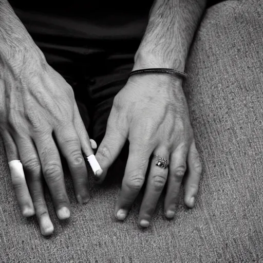 Image similar to normal man's hand with five fingers and a ring and a cigarette between the fingers