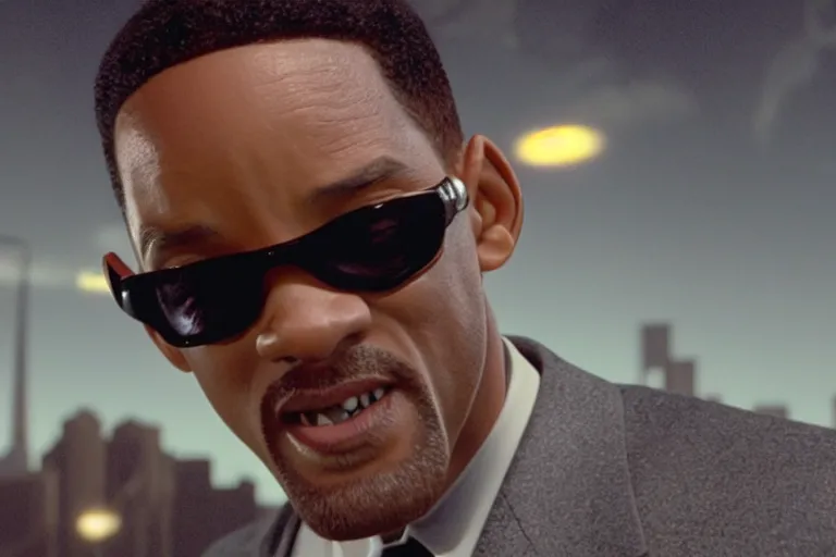 Image similar to cinematic still of will smith in men in black ( 2 0 0 1 ), xf iq 4, f / 1. 4, iso 2 0 0, 1 / 1 6 0 s, 8 k, raw, dramatic lighting, symmetrical balance, in - frame, highly accurate facial features