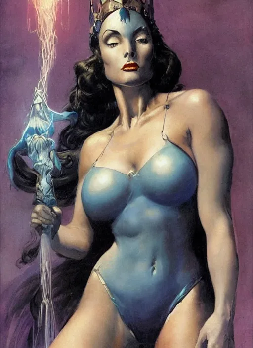 Image similar to portrait of mighty plump female sorceress, blue tiara, lightning halo, strong line, muted color, beautiful! coherent! by frank frazetta, by brom