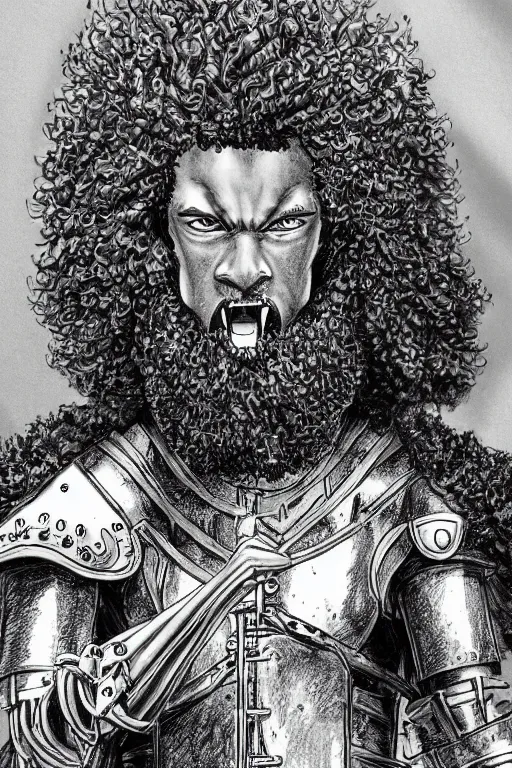 Prompt: black man with afro hair and raspy beard stubble as a knight, highly detailed, anatomically correct, black and white, manga, art by kentaro miura