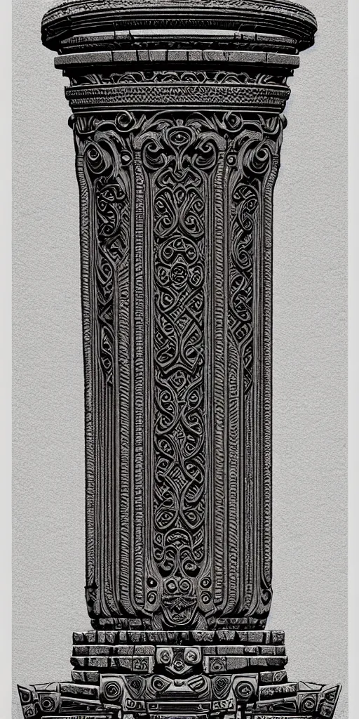 Image similar to ornate ancient stone pillar, high details, intricately detailed, by vincent di fate, inking, 3 color screen print, masterpiece, trending on artstation,, sharp, details, hyper - detailed, hd, 4 k, 8 k