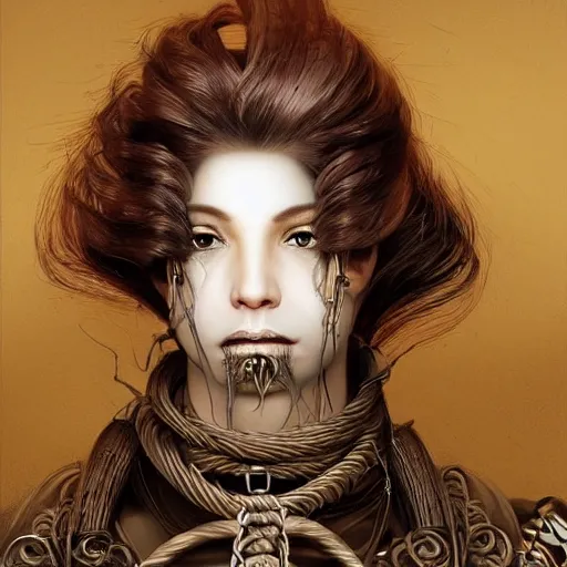 Image similar to portrait of a Shibari rope wrapped face and neck, headshot, insanely nice professional hair style, dramatic hair color, digital painting, of a old 17th century, old cyborg merchant, amber jewels, baroque, ornate clothing, scifi, realistic, hyperdetailed, chiaroscuro, concept art, art by Franz Hals and Jon Foster and Ayami Kojima and Amano and Karol Bak,