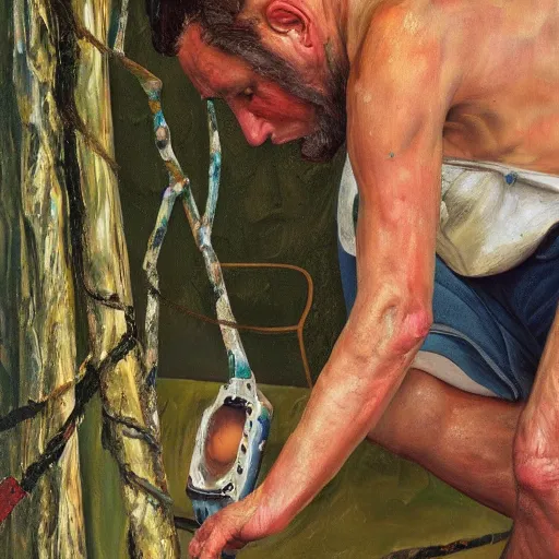 Image similar to high quality high detail painting by lucian freud and jenny saville, hd, cutting a redwood tree, turquoise