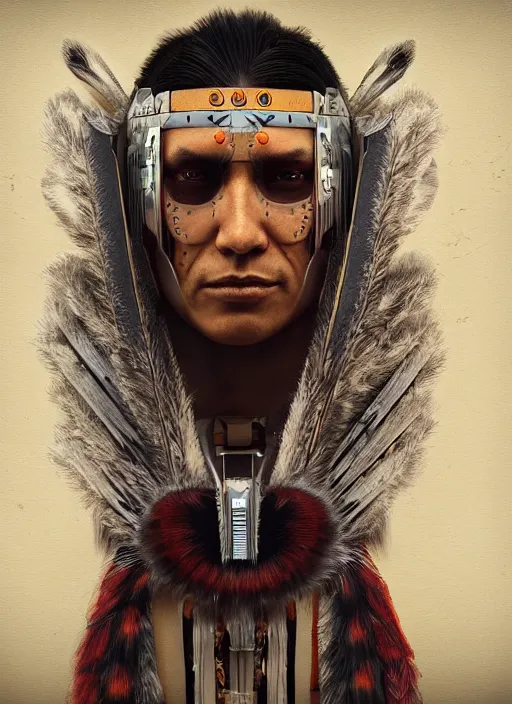 Prompt: cyberpunk native american grand chief cyborg, highly detailed, portrait, hard surface, digital painting, trending on artstation, top row on zbrushcentral, concept art, sharp focus, illustration, by edward s. curtis, by ben evrard, by ian spriggs, by vitaly bulgarov, by marco plouffe, by filippo ubertino