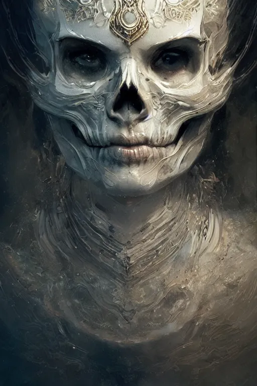 Image similar to avalon skull, close - up portrait, powerfull, intricate, elegant, volumetric lighting, scenery, digital painting, highly detailed, artstation, sharp focus, illustration, concept art, ruan jia, steve mccurry