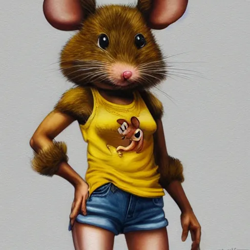 Image similar to anthropomorphic mouse wearing denim short shorts and yellow tank top, highly detailed, artgerm style, artstation, soft light, sharp focus, illustration, character design, concept art