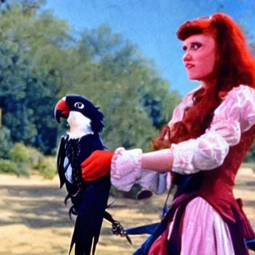 Image similar to Swashbuckling pirate holding her parrot, colorized still from the movie a trip to the moon