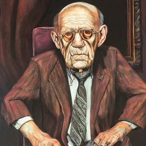 Image similar to macabre magic realism portrait old man sitting in chair : : oil painting by ivan albright