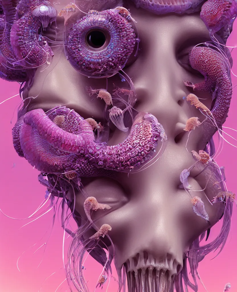 Image similar to goddess princess face close-up portrait ram skull. jellyfish phoenix head, nautilus, orchid, skull, betta fish, bioluminiscent creatures, intricate artwork by Tooth Wu and wlop and beeple. octane render, trending on artstation, greg rutkowski very coherent symmetrical artwork. cinematic, hyper realism, high detail, octane render, 8k