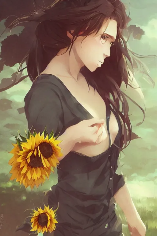 Prompt: sexy girl with green eyes, sunflowers in her hair, wearing a camisole, black and brown colors, in the style of greg rutkowski, high quality anime artstyle, intricate